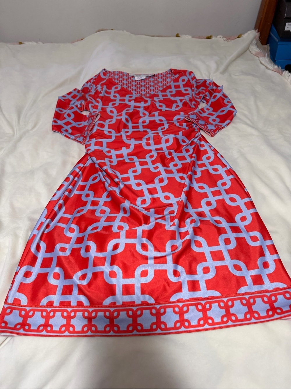 Gretchen Scott Stretchy Wrap Red & Blue Chain Print A-Line Dress Women’s XS